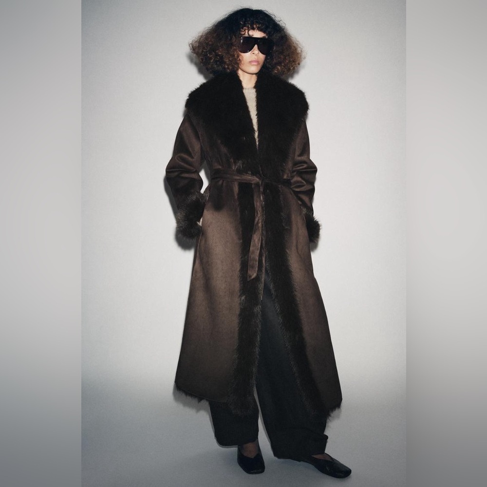 Zara Faux Suede Long Brown Faux-Fur Trim Coat Women's with Waist Tie